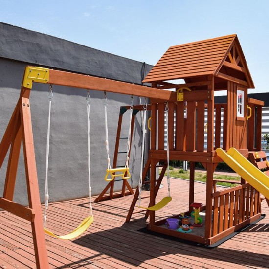 outdoor wooden Two-story play house with swing and slide set