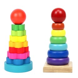 Custom Educational Colorful Rainbow Tower Stacking Ring Toy Kids Wooden Tower Of Hanoi Puzzle Game