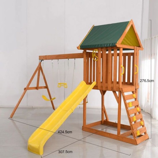 outdoor Two-storey playhouse with swing set and sanbox